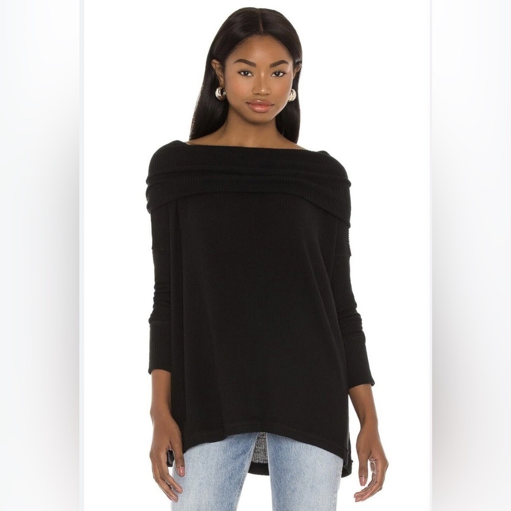 Free People Juicy Tunic Top Long Sleeve Black Waffle Knit Split Open Back NWT